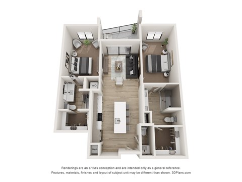 Floor plan for 2 beds, 2 baths, 1036 sqft
